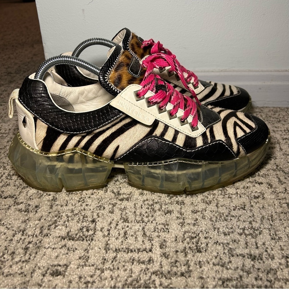 Jimmy Choo Diamond Black & White Zebra Print Lace-Up Sneakers Size 12